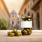 Glass jar of olives, empty blank generic product packaging mockup