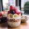 glass jar of overnight oats with fruit, nuts and berries