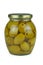 Glass jar with pitted green olives