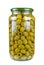 Glass jar with pitted green olives