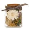 Glass jar with potpurri of flower and plants closed with cork