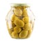 Glass jar of preserved olives on white background. File contains clipping path