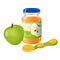 Glass jar of puree with spoon and green apple near