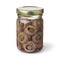Glass jar with rolled anchovy and capers on white background close up