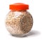 Glass jar with rolled oats on white background glass jar oatmeal flakes isolated