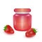 Glass jar with Strawberry jam on light background, Label for jam. Mockup for your brand realistic vector EPS 10 illustration