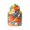 Glass jar of tasty bright jelly beans on white