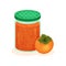 Glass jar of tasty jam and whole persimmon. Natural homemade product. Flat vector element for recipe book