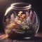 A glass jar terrarium filled with flowering plants.