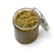 Glass jar with traditional homemade green olive tapenade close up on white background