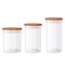 Glass jars with airtight seal wood lids. Kitchen goods collection.