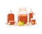 Glass jars, bottles, cups with kombucha drink, lemon, mint leaves, berries