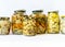 Glass jars with canned vegetables, autumn