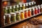 glass jars containing colorful spices on a rack