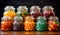 Glass jars with different candies bright colorful photo