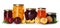 Glass jars with different pickled fruits and jam on background