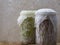 Glass jars filled with alfalfa and beet sprouts on a wooden cutting board