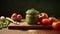 A Glass Jars with Green Pesto with Ingredients on Healthy Kitchen Food Image.