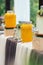 Glass jars of lemonade on wedding candy bar. Catering. Drinks on wedding