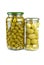 Glass jars with pitted and giant green olives