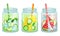 Glass Jars with Refreshing Fruit Water and Straw Vector Set