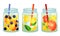 Glass Jars with Refreshing Fruit Water and Straw Vector Set