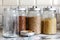 Glass jars with rice, buckwheat, barley and an empty sugar jar