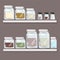 Glass jars for spices, cereals, seasonings, bulk products, sugar. Realistic glass image. Table setting. Organization of storage in