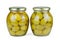 Glass jars with whole and pitted green olives