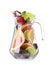 Glass jug with different whole and cut fruits on white background