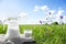 Glass jug with milk and a glass on the grass against a backdrop of picturesque green meadows with flowers