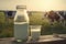 A glass jug of milk and a jar of cream on a wooden table