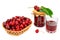 Glass of juice, basket of cherries and jar of jam