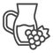 Glass juice jug with grapevine line icon. Wine in jar with bunch of grapes outline style pictogram on white background