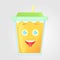 A glass of juice with a lid and a tube. Summer drink. Emotional icon, funny, shows the tongue, happy.
