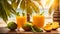 A glass juice travel mango on a sweet of sea and palm trees tropical table