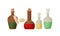 Glass Labeled Bottles with Cork as Ancient Medical Tools and Laboratory Equipment Vector Set