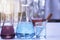 Glass laboratory chemical test tubes with liquid for analytical , medical, pharmaceutical and scientific research concept