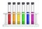 Glass laboratory test tubes with cork and multi-colored liquids. Test tubes in a laboratory rack. Special dishes for