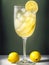 Glass of lemonade with ices and lemons on a green background