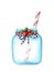 Glass mason jar with christmas decoration and straw