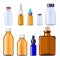 Glass medical bottles. Isolated glass containers and bottles for medical pills and liquid drugs