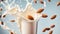 Glass milk, almonds, splash nutrition drink protein liquid vitamins concept