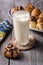 glass of milk with cinnamon rolls