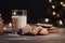 glass of milk with ginger christmas cookies on wooden table, blurred bokeh background