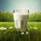 Glass of milk on green grass with daisies in the background. AI generated image