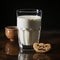 Glass of milk and mustache, funny cute drink image. Nutritional liquid from lactose.
