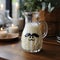 Glass of milk and mustache, funny cute drink image. Nutritional liquid from lactose.