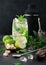 Glass of Mojito cocktail with ice cubes mint and lime on black board with spoon and fresh limes and cane sugar with black shaker