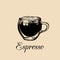 Glass mug, cup of coffee. Vector espresso illustration. Hand drawn sketch of soft drink for bar, cafe menu design etc.